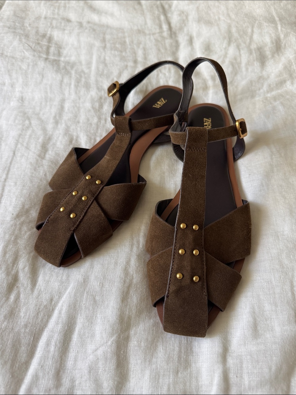 Zara Olive/Brown Suede Studded T-Strap Slingback Sandals